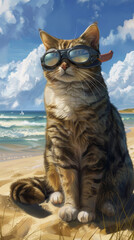 A cat wearing sunglasses and goggles is sitting on a beach. The cat is looking at the camera with a smile on its face. The scene is bright and cheerful, with the ocean in the background