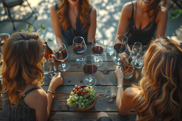 Close friends or romantic couple enjoy wine in a cozy setting, sharing laughter and stories in a warm, inviting atmosphere. with beautiful sunset lighting