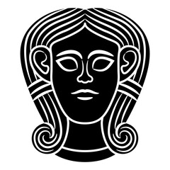 Head of goddess Astarte or Hathor. Ethnic mask. Antique female face. Black and white silhouette.