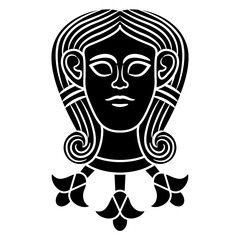 Head of goddess Astarte or Hathor with necklace of flowers. Ethnic mask. Antique female face. Black and white silhouette.