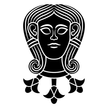 recommend clip art: Head of goddess Astarte or Hathor with necklace of flowers. Ethnic mask. Antique female face. Black and white silhouette.