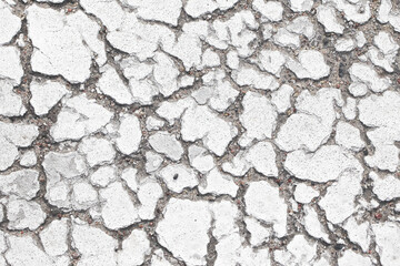 Gray crack background. Scratched lines texture. White distressed grunge concrete road pattern. Peel paint crack. Dry paint overlay. Crack line on white. Old asphalt street. Grunge urban backdrop.