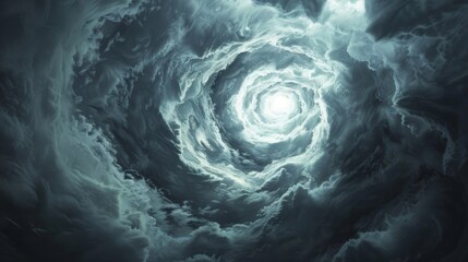 A swirling vortex of dark clouds and wind with a serene and clear circle in the middle representing the eye of the hurricane. - obrazy, fototapety, plakaty
