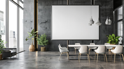 A modern meeting area with clean lines and a neutral color palette, featuring a blank white empty frame for personalized customization