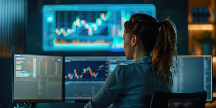 Trader working in modern office, looking at display, sale and buy and analyzing index on market diagram. Woman market analyst studding charts in front of computer display setup