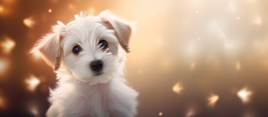 Adorable little white dog is perched on a table surrounded by heart decorations - obrazy, fototapety, plakaty