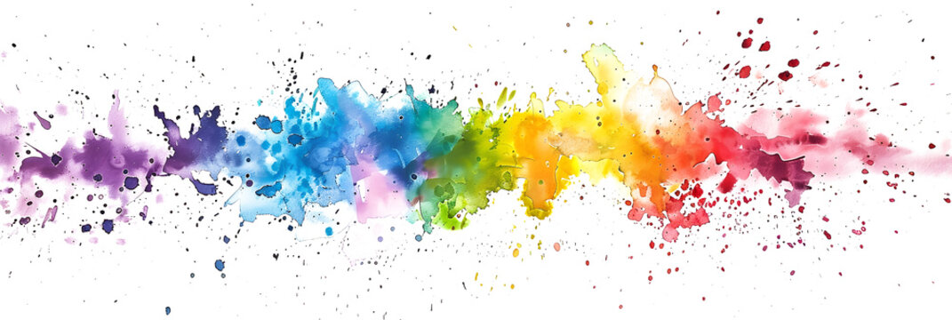 Vibrant rainbow watercolor splatter explosion on transparent background.