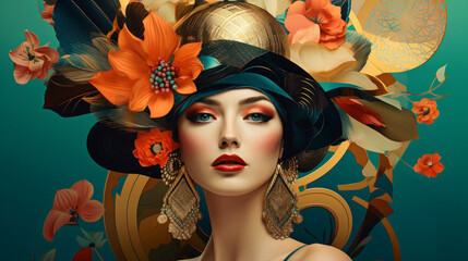 Vibrant art deco portrait of a woman with colorful flowers and golden accessories. Abstract vintage collage
