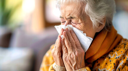 Elderly woman uses a napkin to blow her nose in a blurred background at home. Sick grandmother unwell. Senior woman at home unhealthy. - obrazy, fototapety, plakaty