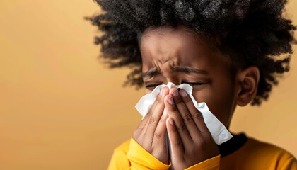 Closeup portrait of a sick little black boy blowing nose into a tissue, providing space for health-related content placement. Flu season, vaccination Generative AI - obrazy, fototapety, plakaty