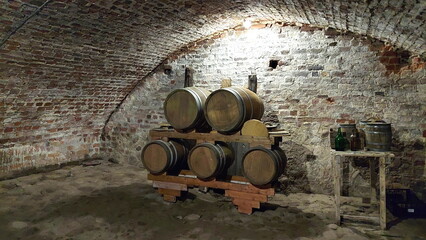 Barrels of wine in the basement of Waldau Castle in the Kaliningrad region