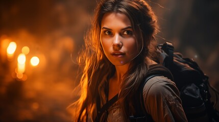Long hair woman  movie  adventure, blockbuster style, cinematic. Portrait with flame, sparks, with a bonfire in the background. Advertising of the travel clothing brand, hiking equipment