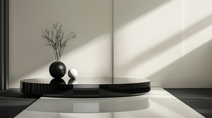 A monochrome themed podium with a glossy black surface and clean white accents showcasing a chic and stylish design. . .