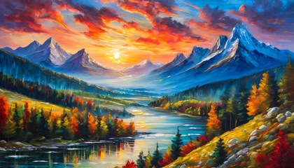Schilderijen op glas Colorful abstract sunset over river and mountains acrylic oil painting, pallet knife on canvas © hassani