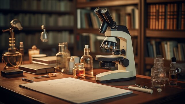 Vintage scientific study scene with microscope, glass bottles,  handwritten notes, book shelves, library. Sense of nostalgic discovery, exploration in science