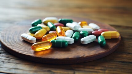 Several pills are arranged neatly on a wooden table, creating a pharmacy-like setting