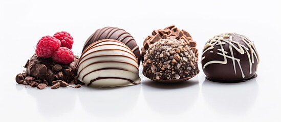 Four delicious chocolate covered candies arranged neatly on a clean white surface