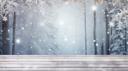Empty Blank Snow White Wooden Table Top Snow - covered wooden planks with falling snowflakes in a winter wonderland scene 