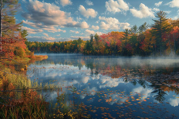 Fototapeta na wymiar A tranquil autumn morning with fog lifting from a serene lake surrounded by colorful trees.