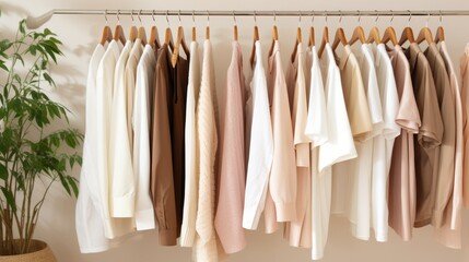 Stylish clothes are hanging in closet on clothing rack hangers