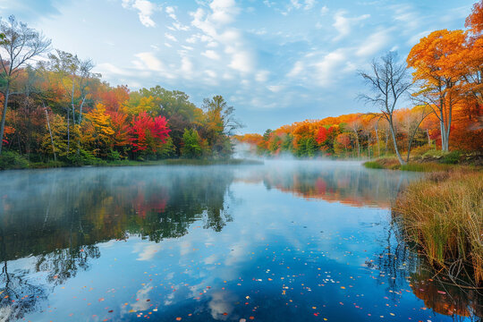 A tranquil autumn morning with fog lifting from a serene lake surrounded by colorful trees.