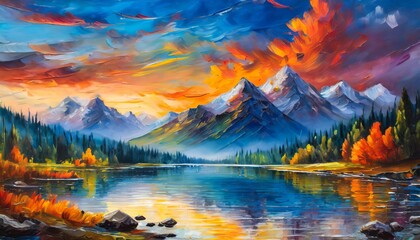 Colorful abstract sunset over river and mountains acrylic oil painting, pallet knife on canvas - obrazy, fototapety, plakaty