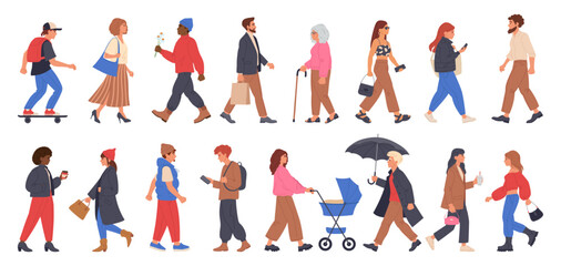 Characters walking. People diverse crowd, student, businessman and mother with kid walking down the street flat vector illustration set. Men and woman walk collection