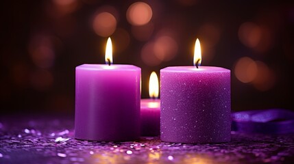 Obraz na płótnie Canvas Purple candles casting warm light on a glittering surface
