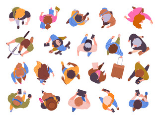 People top view. Walking male and female characters, diverse people group view from above, office workers or students strolling flat vector illustration set. Men and women walking top view