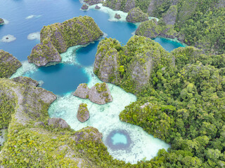 The limestone islands of Balbalol, fringed by reef, rise from Raja Ampat's tropical seascape. This...