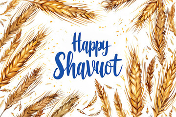 Happy Shavuot hand written text and wheat illustration for the Jewish holiday of Shavuot. Hand lettering typography for greeting card, banner, decoration, poster