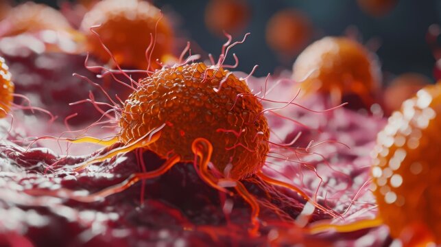 A closeup of a cancer cell in the process of replicating displaying its characteristic abnormal shape and size.