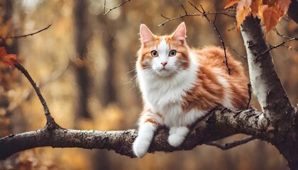 Naklejka na ściany i meble White and Orange Cat on Tree Wallpaper Generative AI