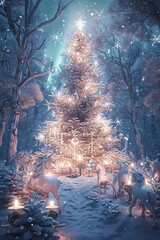 An Enchanted Winter Forest Illuminated by the Northern Lights on Christmas Eve, Featuring Mythical Creatures Celebrating the Holiday Spirit
