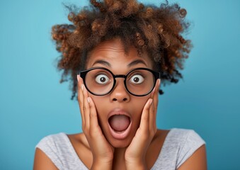 Surprised Young Woman with Glasses Reacting with Shock on Blue Background