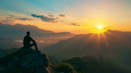 Serene Sunrise View from Mountain Peak with Contemplative Man Silhouette - obrazy, fototapety, plakaty