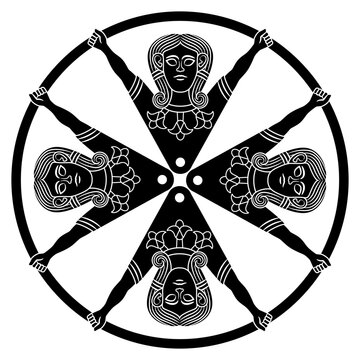 Round ethnic cross shape design with four images of goddess Astarte in a ring. Black and white silhouette.