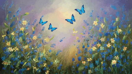 Fototapeta na wymiar Sublime Blossoms Oil Portrayal of Wildflowers and White Butterflies