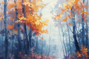 Abstract oil painting of a misty autumn forest.