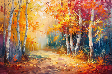 Naklejka na ściany i meble Abstract oil painting of an autumn forest with warm, vibrant colors.