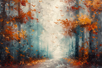 Abstract oil painting of a misty autumn forest. - obrazy, fototapety, plakaty