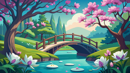springtime scene magnolia trees in full-bloom background vector illustration 