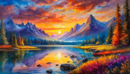 Colorful abstract sunset over river and mountains acrylic oil painting, pallet knife on canvas