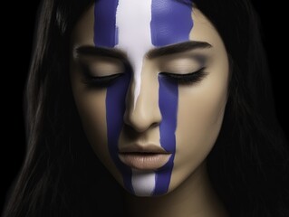 Portrait of a woman with color and simbols of flag painted on her face.
