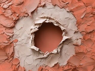 hole in a wall with all the stucco and plaster chipped and peeling
