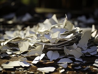 Pieces of thin cardboard on the floor forming a pile of garbage.