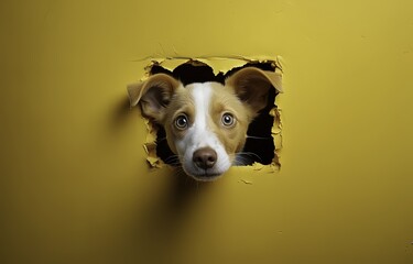 Dog puppy sticking his head out of a hole in a yellow wall.
