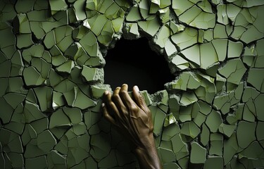 Human hand making a hole in the cracked wall.