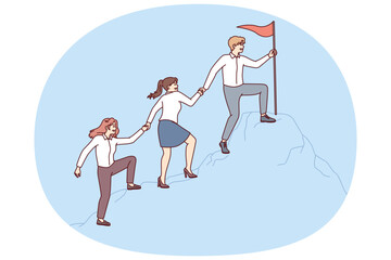 People in business attire climb mountain holding hands to reach flag at top. Concept of corporate leadership and success in career ladder with active interaction between employees