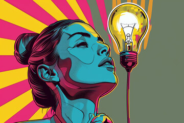 A woman is holding a light bulb in her hand. The image is colorful and vibrant, with a sense of creativity and innovation